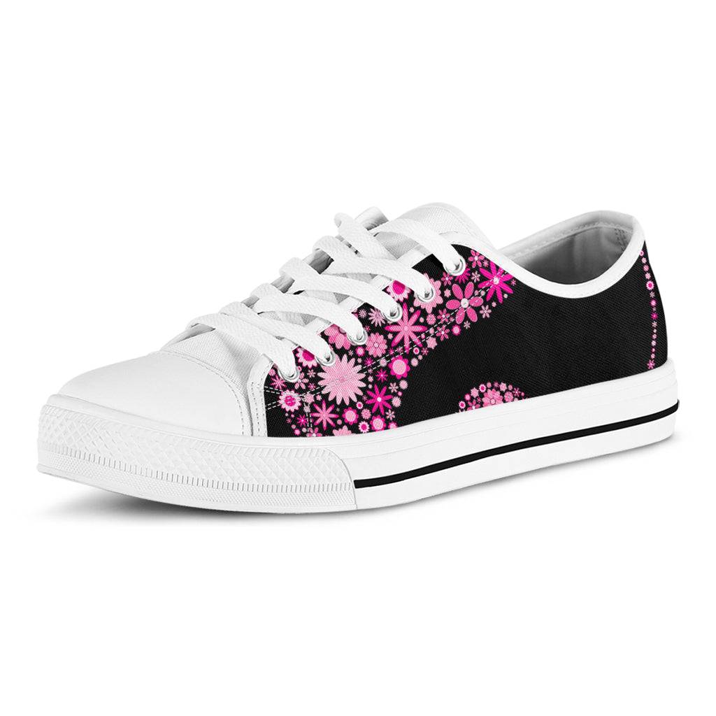 Pink Flowers Yin Yang Print White Low Top Shoes