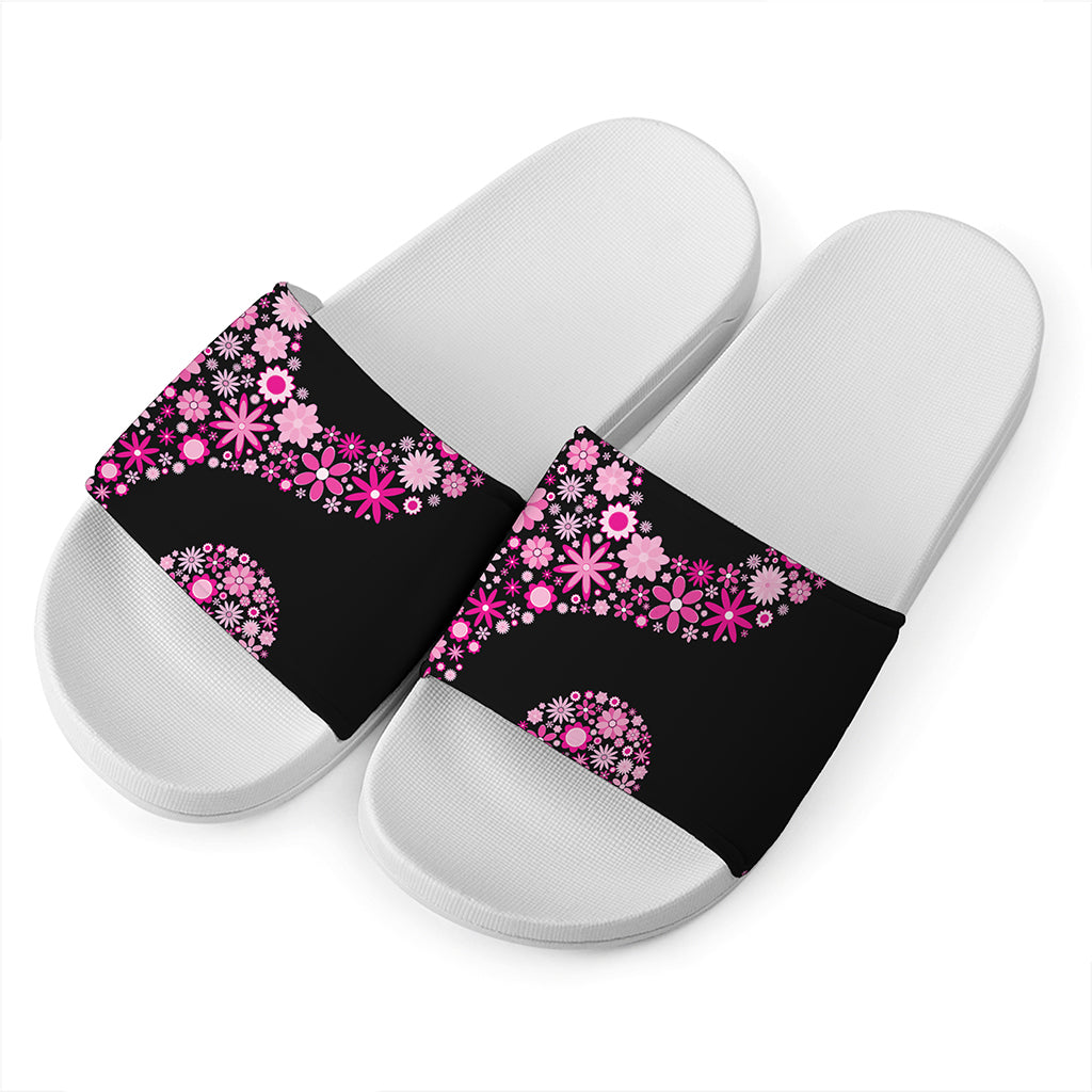 Pink Flowers Yin Yang Print White Slide Sandals