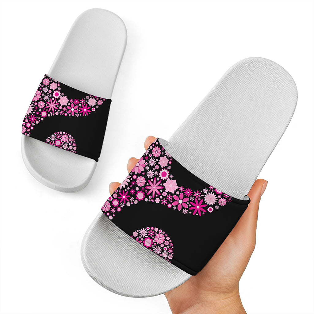 Pink Flowers Yin Yang Print White Slide Sandals