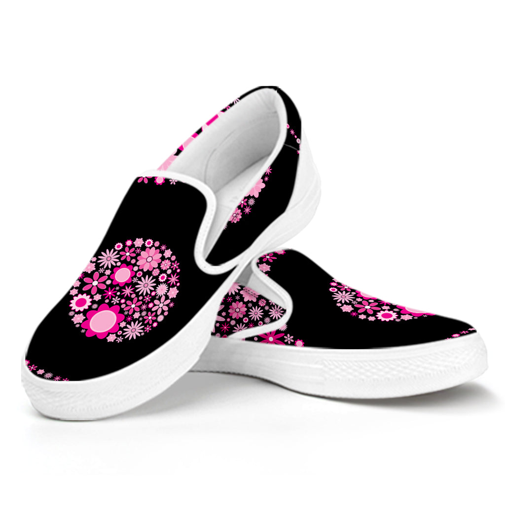 Pink Flowers Yin Yang Print White Slip On Shoes