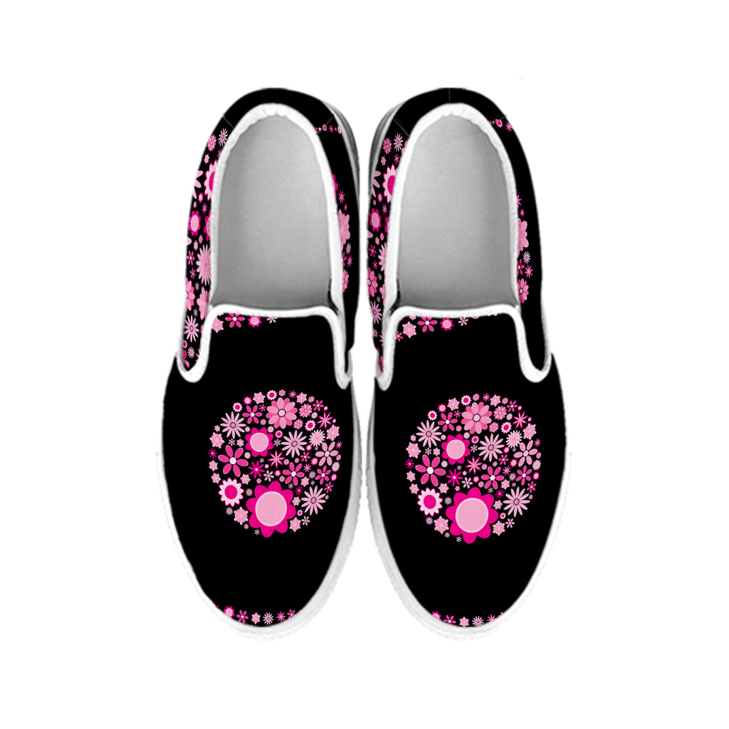 Pink Flowers Yin Yang Print White Slip On Shoes