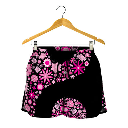 Pink Flowers Yin Yang Print Women's Shorts