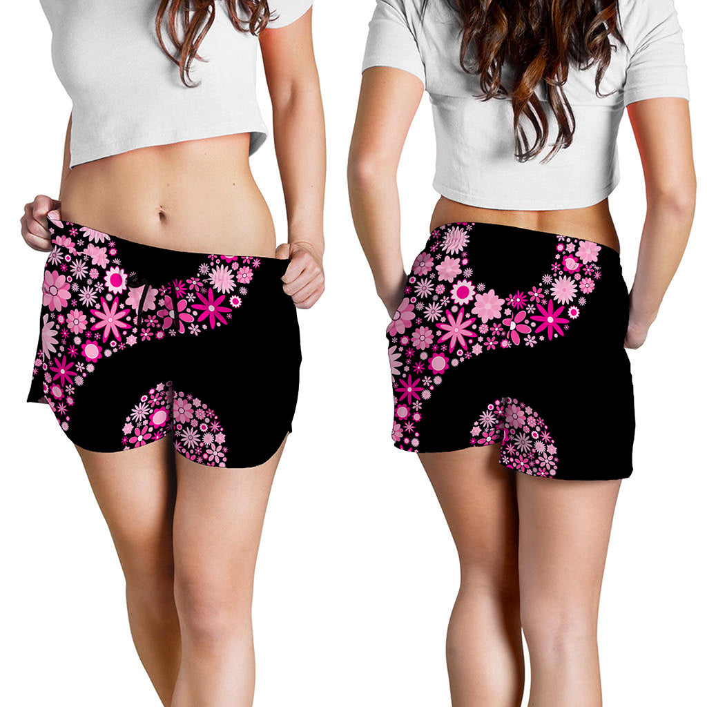 Pink Flowers Yin Yang Print Women's Shorts