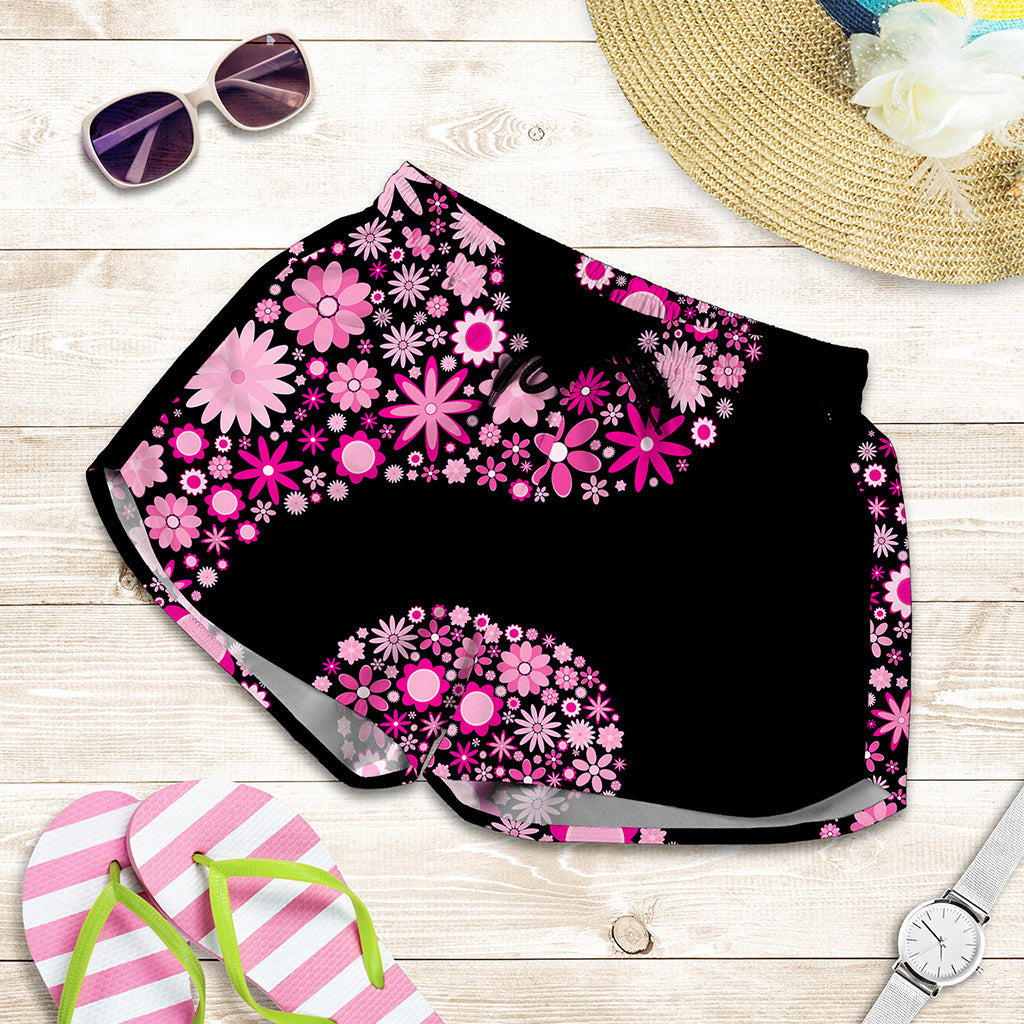 Pink Flowers Yin Yang Print Women's Shorts