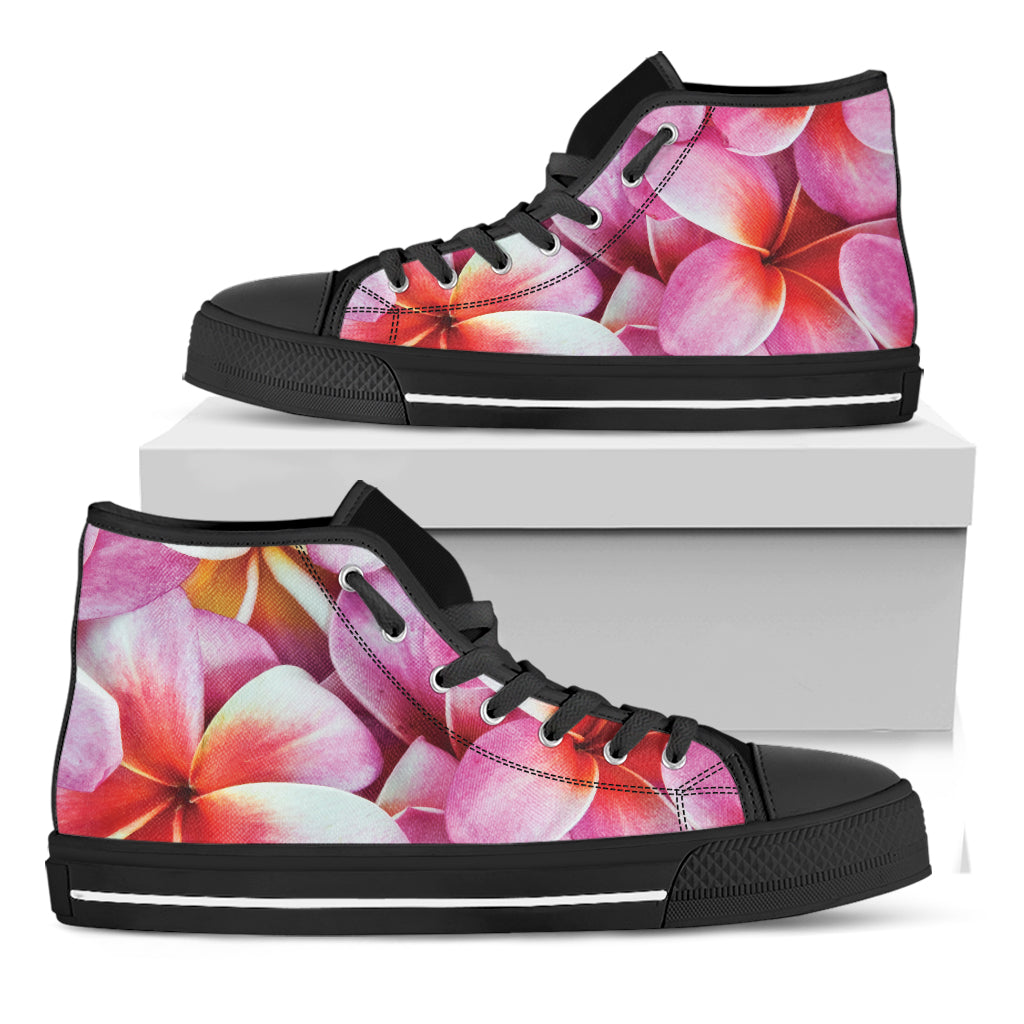 Pink Frangipani Flower Print Black High Top Shoes