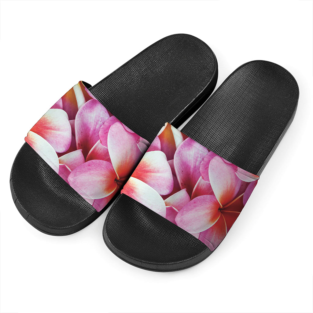 Pink Frangipani Flower Print Black Slide Sandals