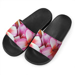 Pink Frangipani Flower Print Black Slide Sandals