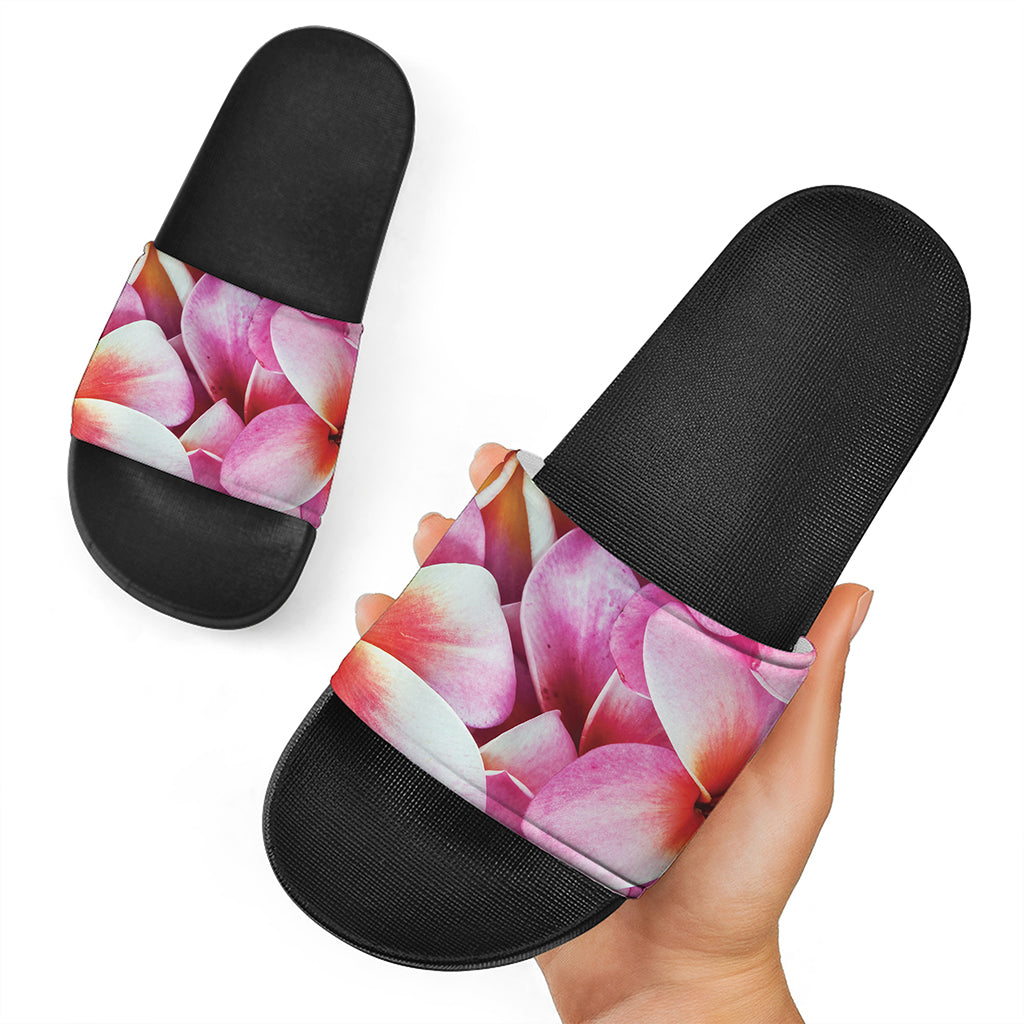 Pink Frangipani Flower Print Black Slide Sandals