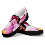 Pink Frangipani Flower Print Black Slip On Shoes