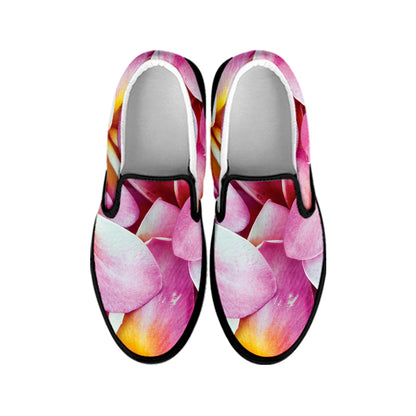 Pink Frangipani Flower Print Black Slip On Shoes