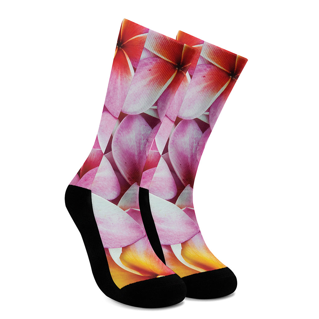 Pink Frangipani Flower Print Crew Socks