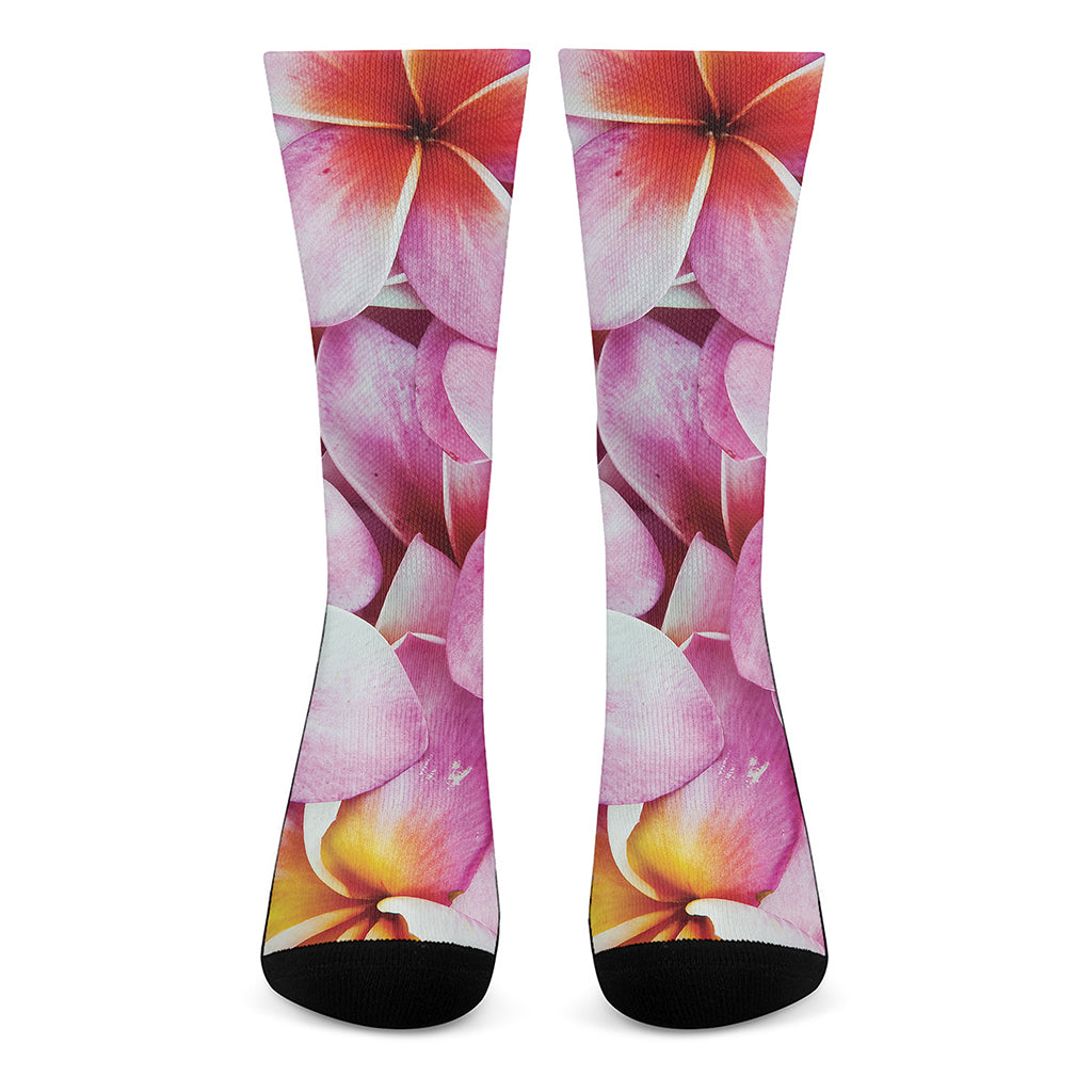 Pink Frangipani Flower Print Crew Socks