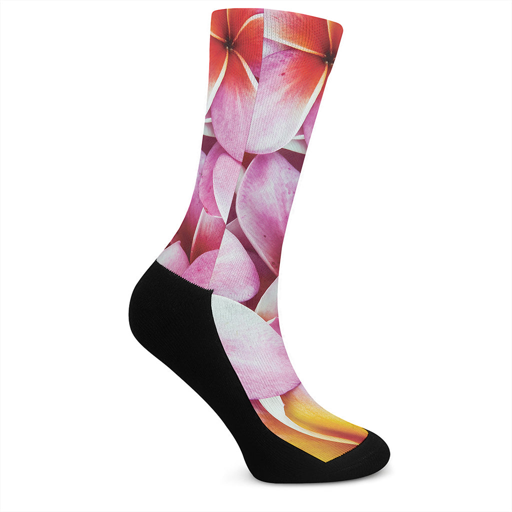 Pink Frangipani Flower Print Crew Socks