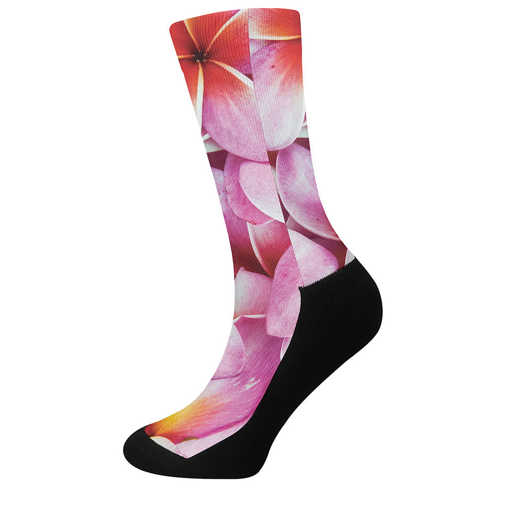 Pink Frangipani Flower Print Crew Socks