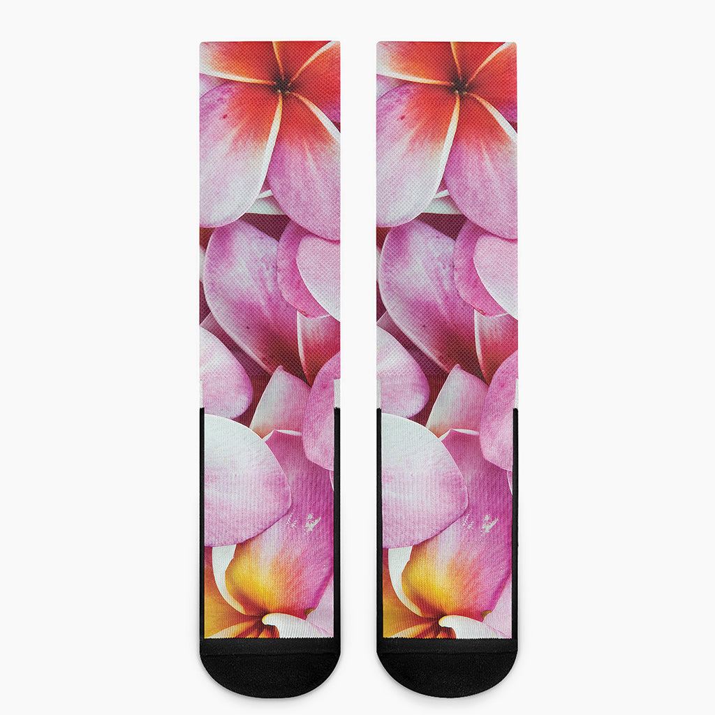 Pink Frangipani Flower Print Crew Socks