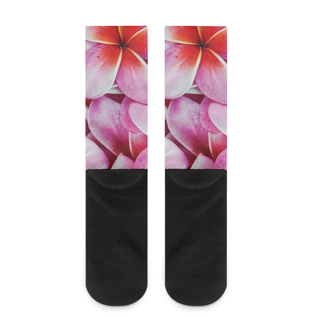 Pink Frangipani Flower Print Crew Socks