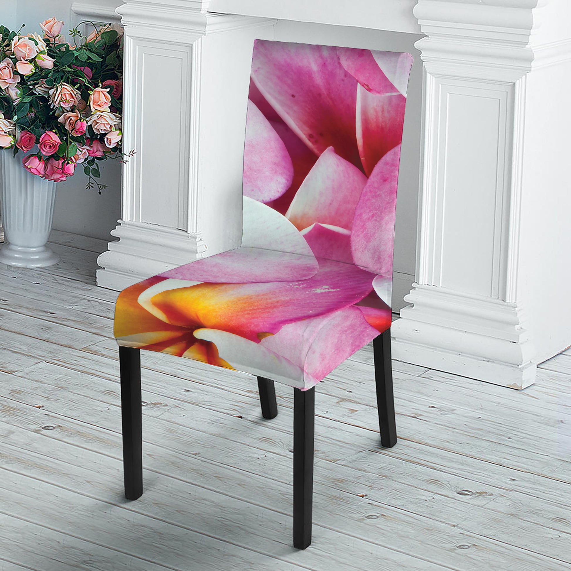 Pink Frangipani Flower Print Dining Chair Slipcover