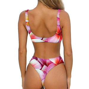 Pink Frangipani Flower Print Front Bow Tie Bikini