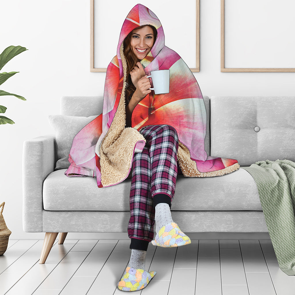 Pink Frangipani Flower Print Hooded Blanket