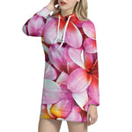 Pink Frangipani Flower Print Hoodie Dress