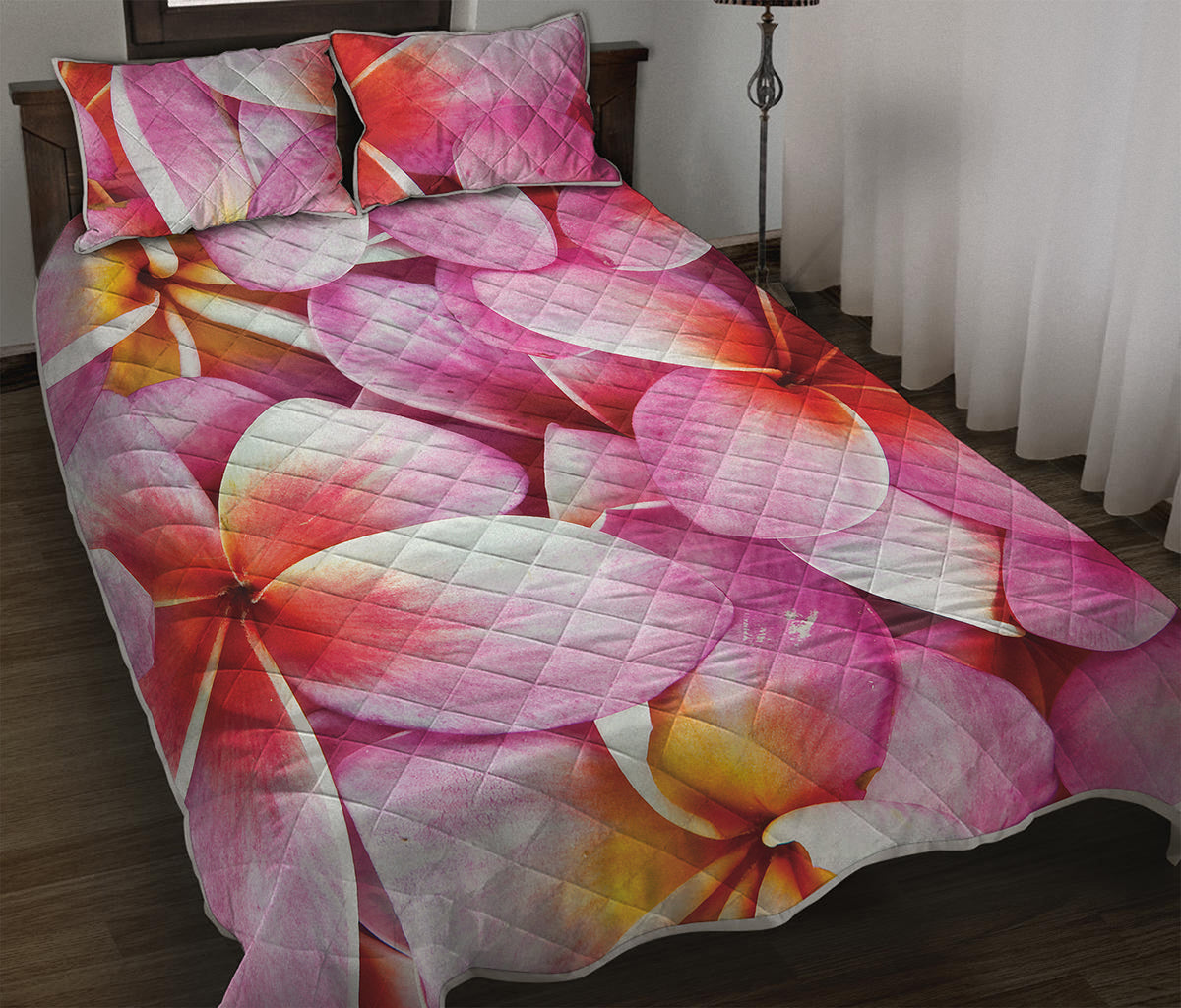 Pink Frangipani Flower Print Quilt Bed Set