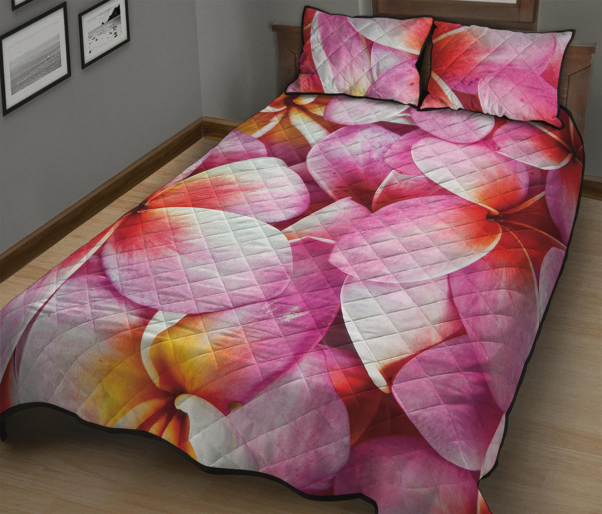 Pink Frangipani Flower Print Quilt Bed Set