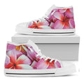 Pink Frangipani Flower Print White High Top Sneakers