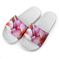 Pink Frangipani Flower Print White Slide Sandals