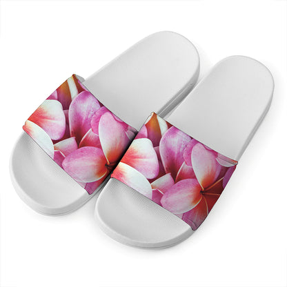 Pink Frangipani Flower Print White Slide Sandals