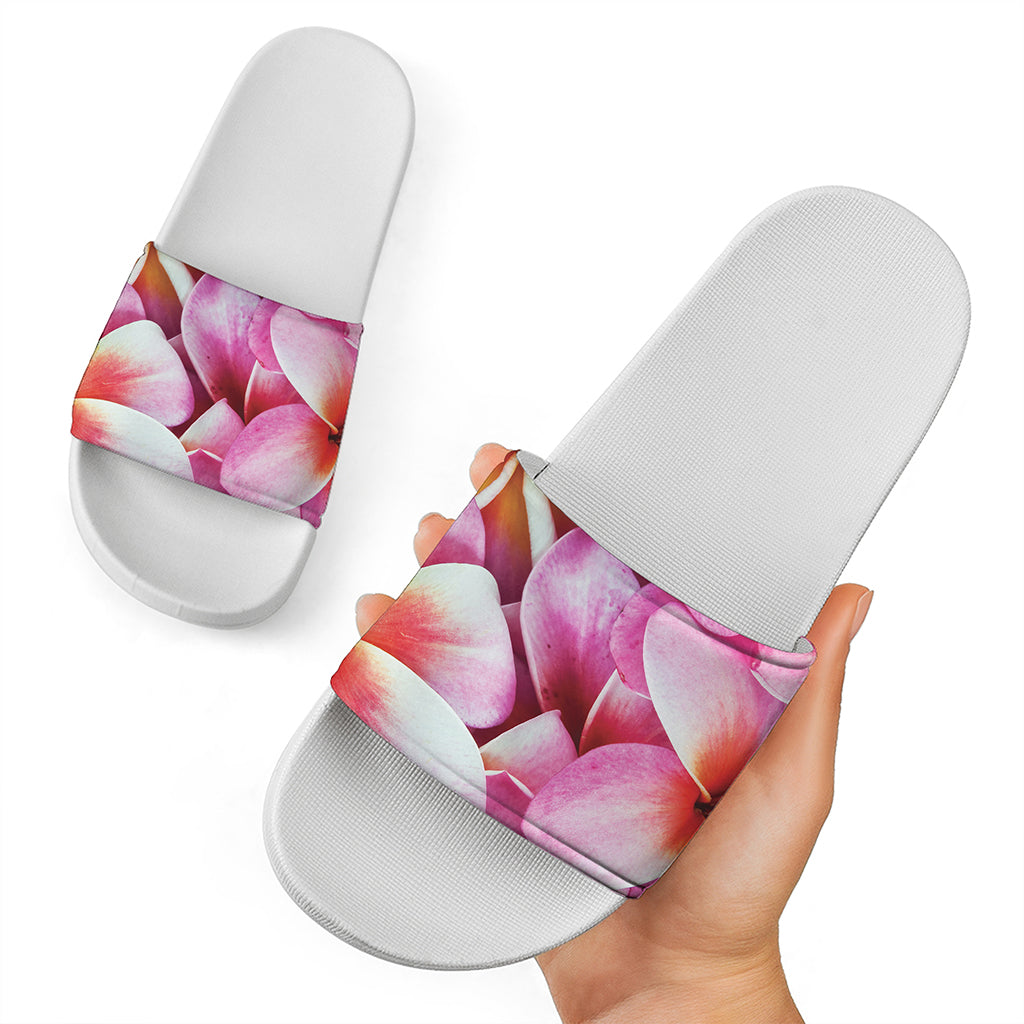 Pink Frangipani Flower Print White Slide Sandals