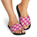 Pink Fried Eggs Pattern Print Black Slide Sandals