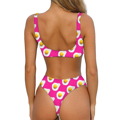 Pink Fried Eggs Pattern Print Front Bow Tie Bikini