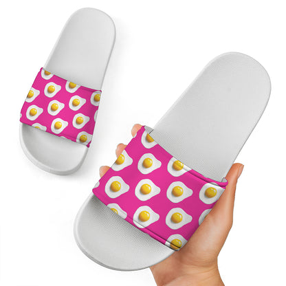 Pink Fried Eggs Pattern Print White Slide Sandals