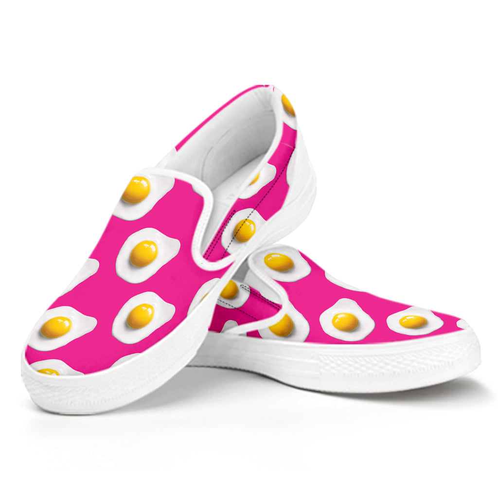 Pink Fried Eggs Pattern Print White Slip On Shoes