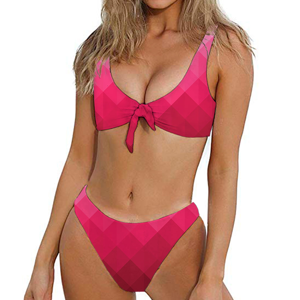 Pink Geometric Square Pattern Print Front Bow Tie Bikini