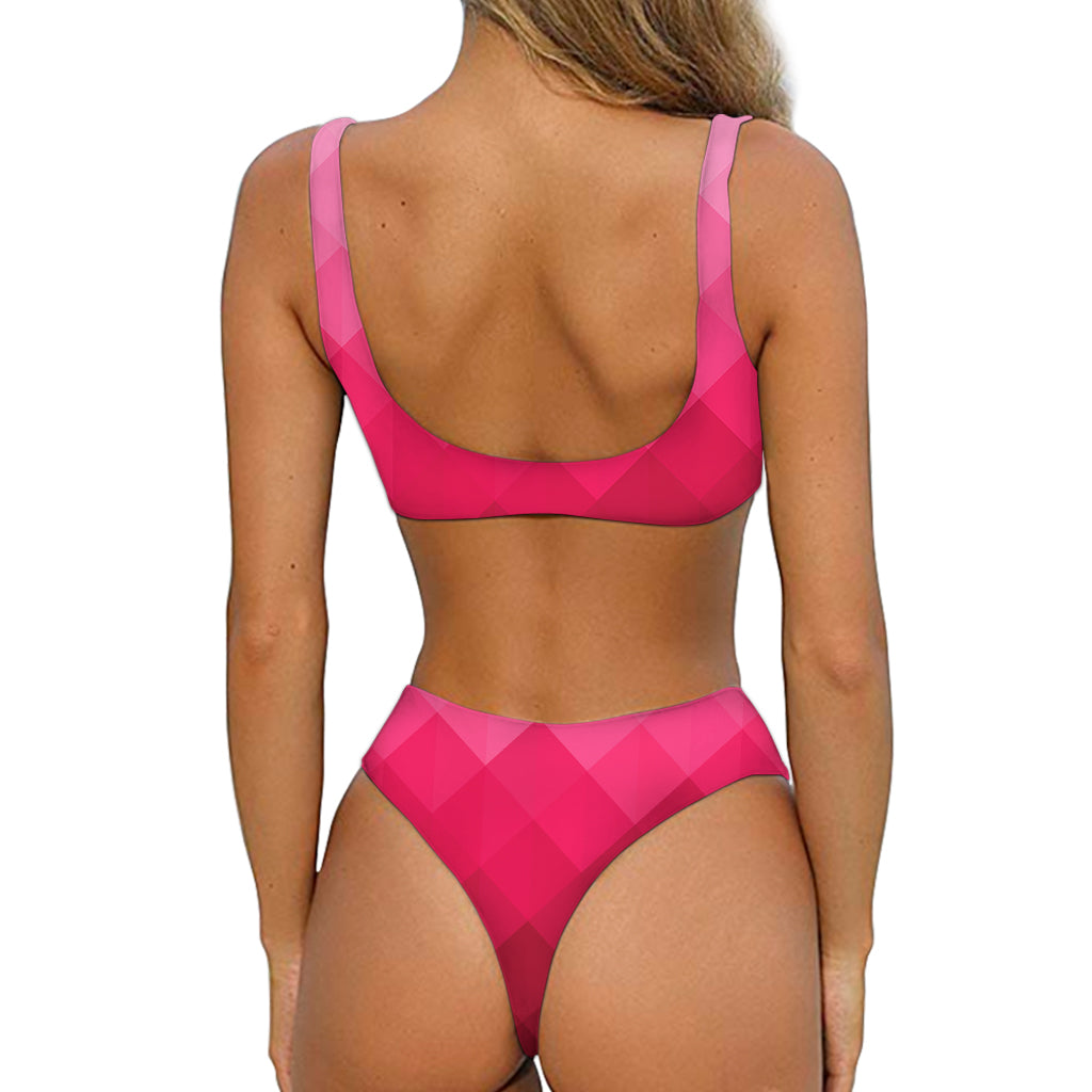 Pink Geometric Square Pattern Print Front Bow Tie Bikini