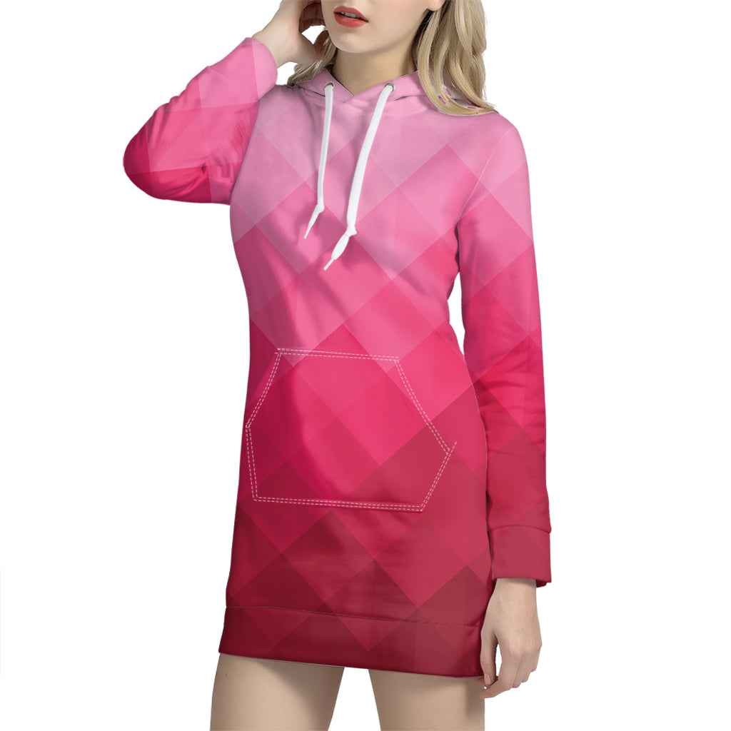 Pink Geometric Square Pattern Print Hoodie Dress