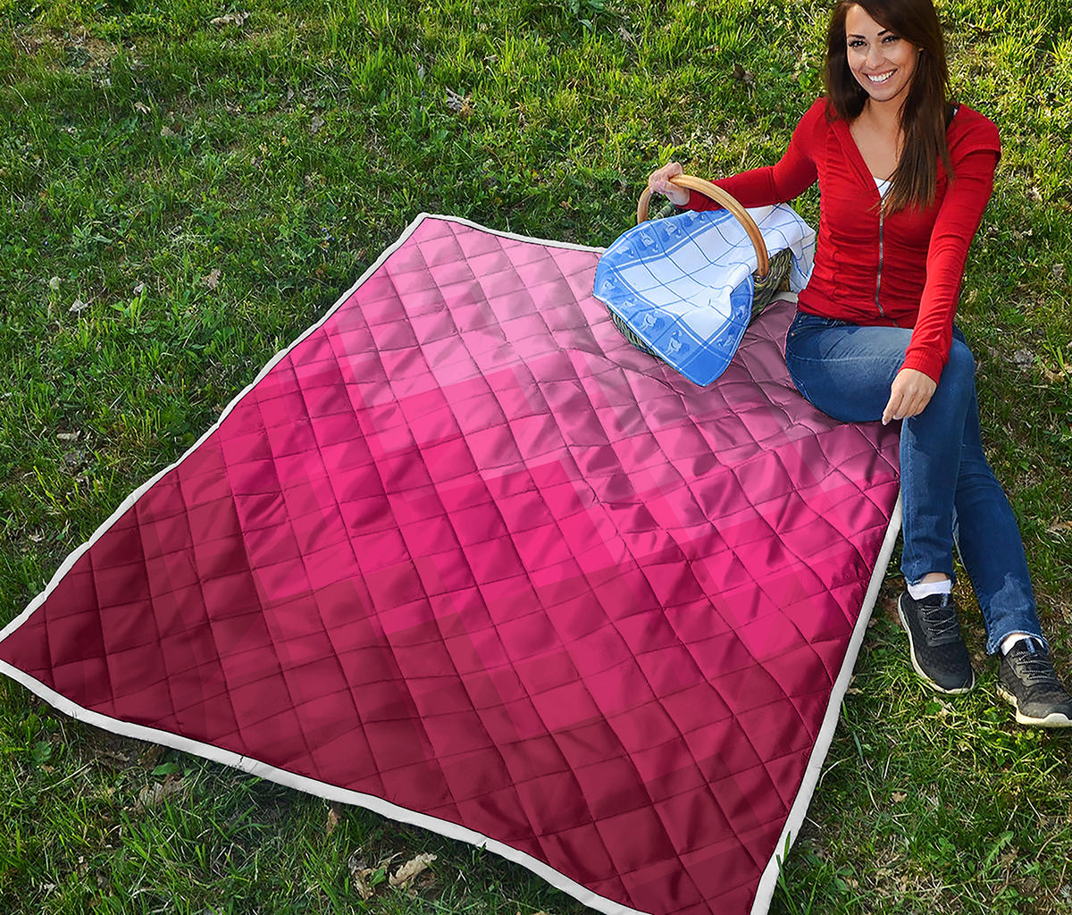 Pink Geometric Square Pattern Print Quilt