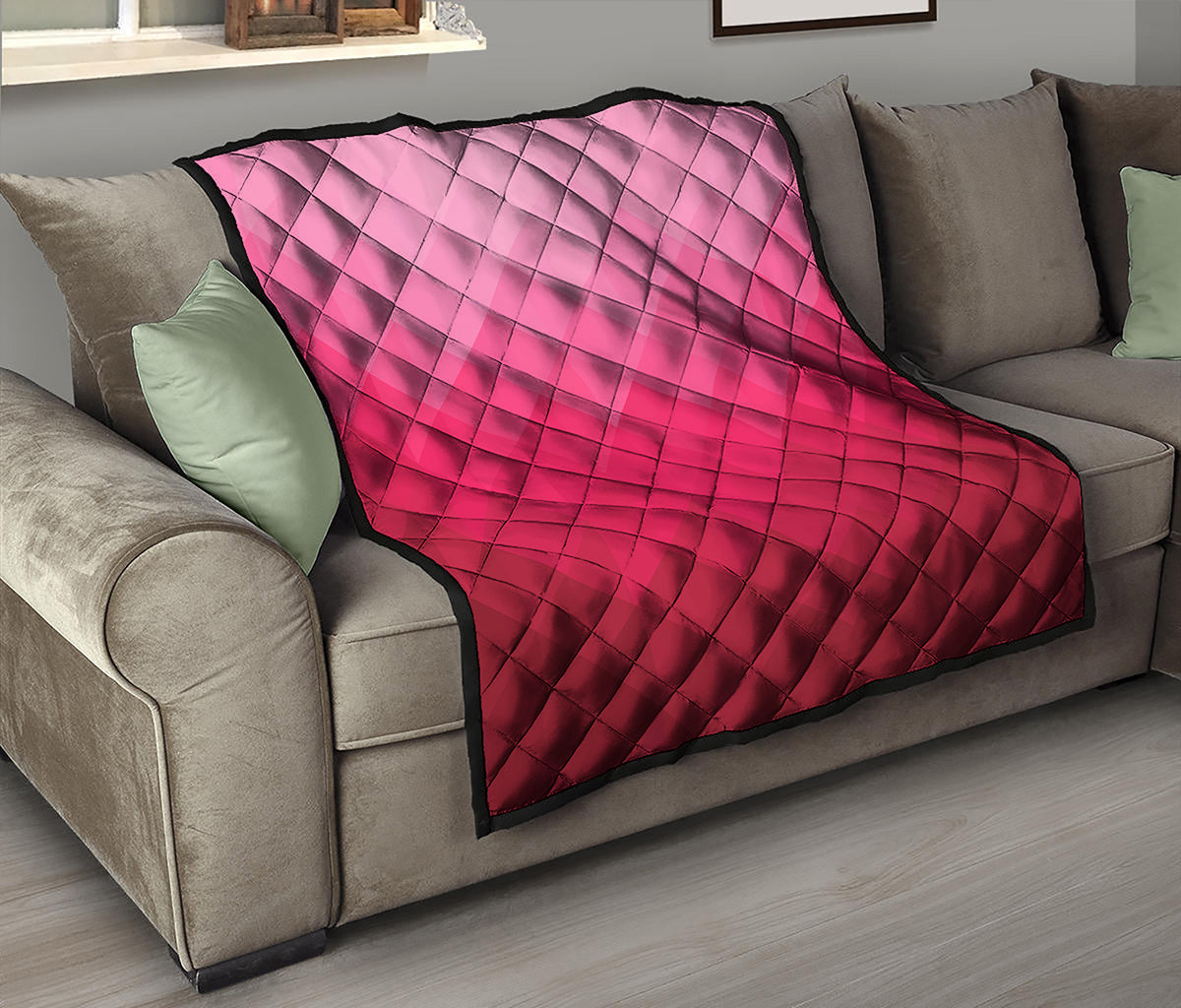 Pink Geometric Square Pattern Print Quilt