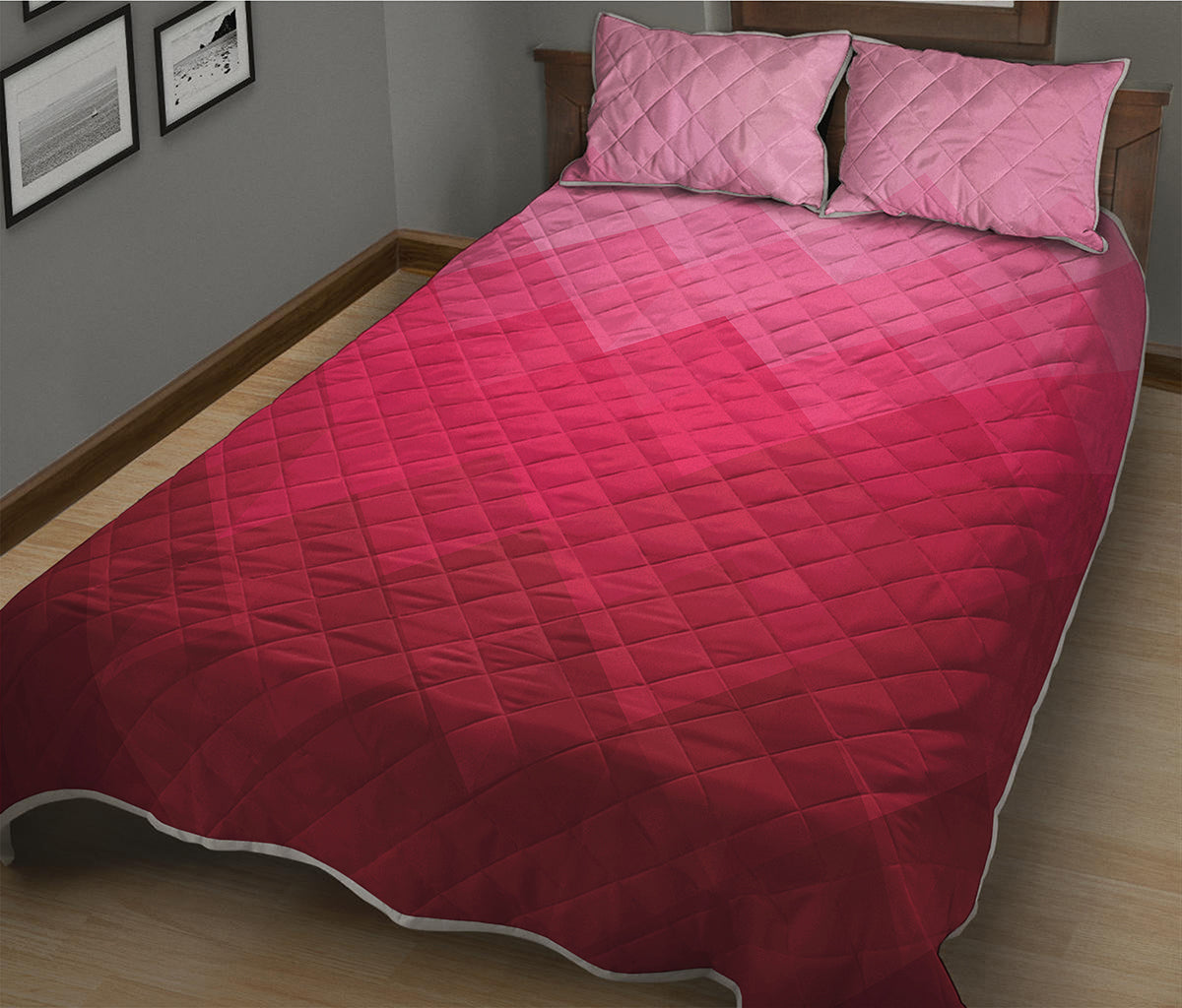 Pink Geometric Square Pattern Print Quilt Bed Set