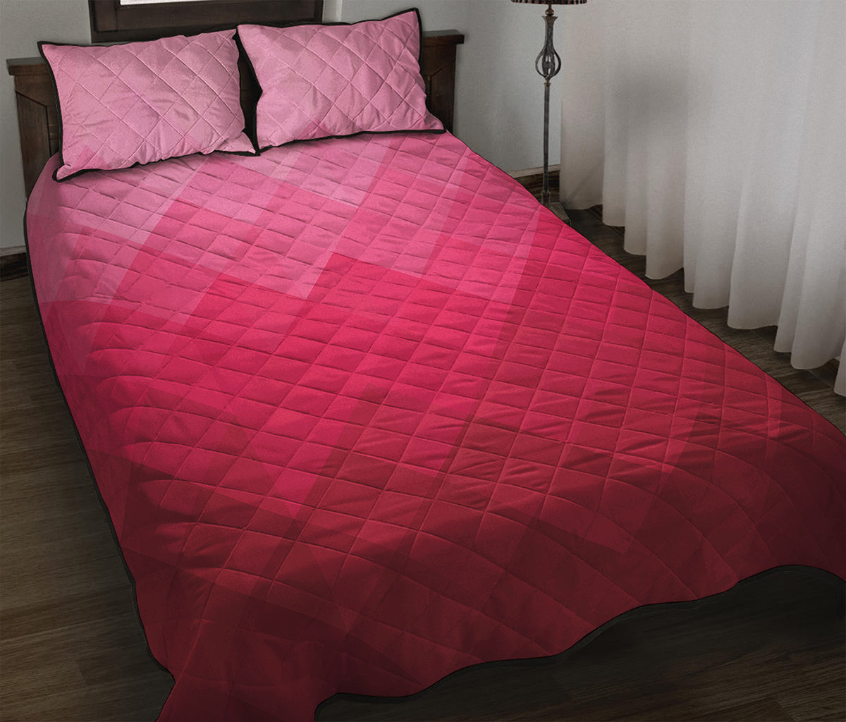 Pink Geometric Square Pattern Print Quilt Bed Set