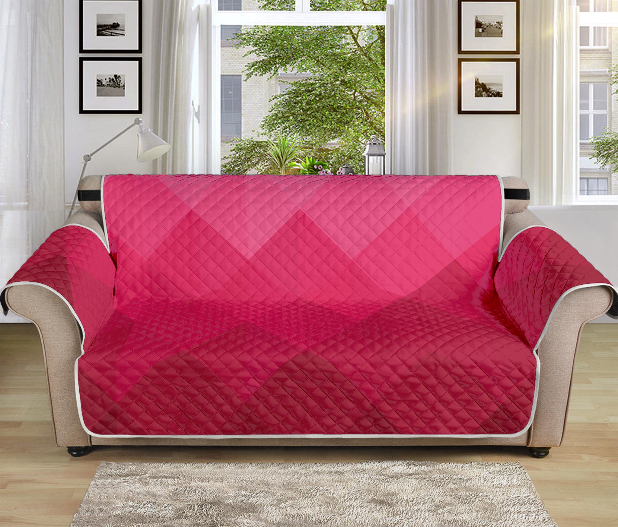 Pink Geometric Square Pattern Print Sofa Protector