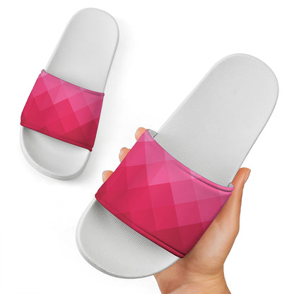 Pink Geometric Square Pattern Print White Slide Sandals