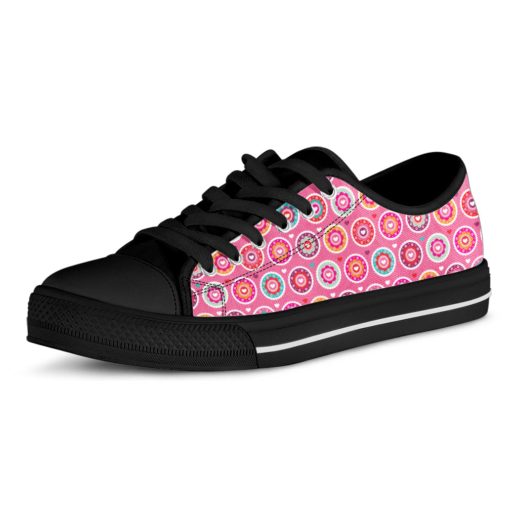 Pink Girly Flower Pattern Print Black Low Top Shoes
