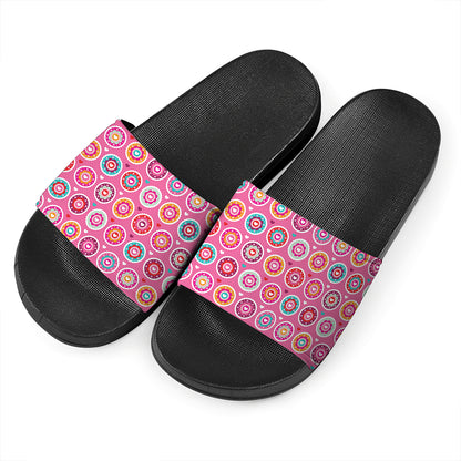 Pink Girly Flower Pattern Print Black Slide Sandals