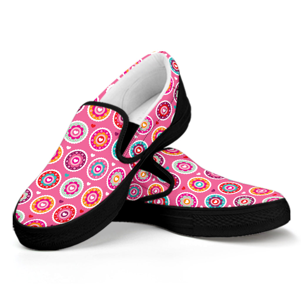 Pink Girly Flower Pattern Print Black Slip On Shoes