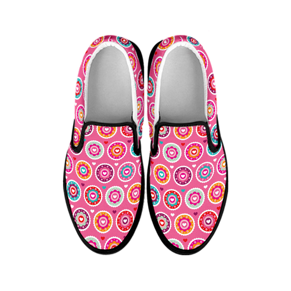 Pink Girly Flower Pattern Print Black Slip On Shoes