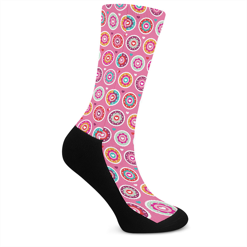 Pink Girly Flower Pattern Print Crew Socks