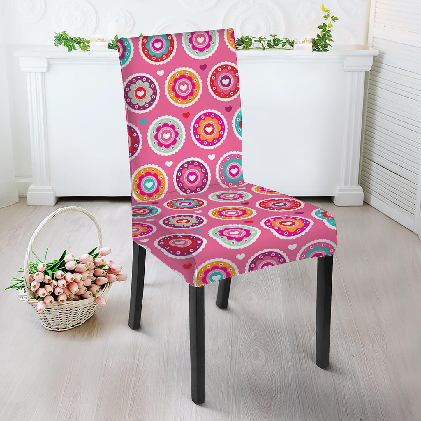 Pink Girly Flower Pattern Print Dining Chair Slipcover