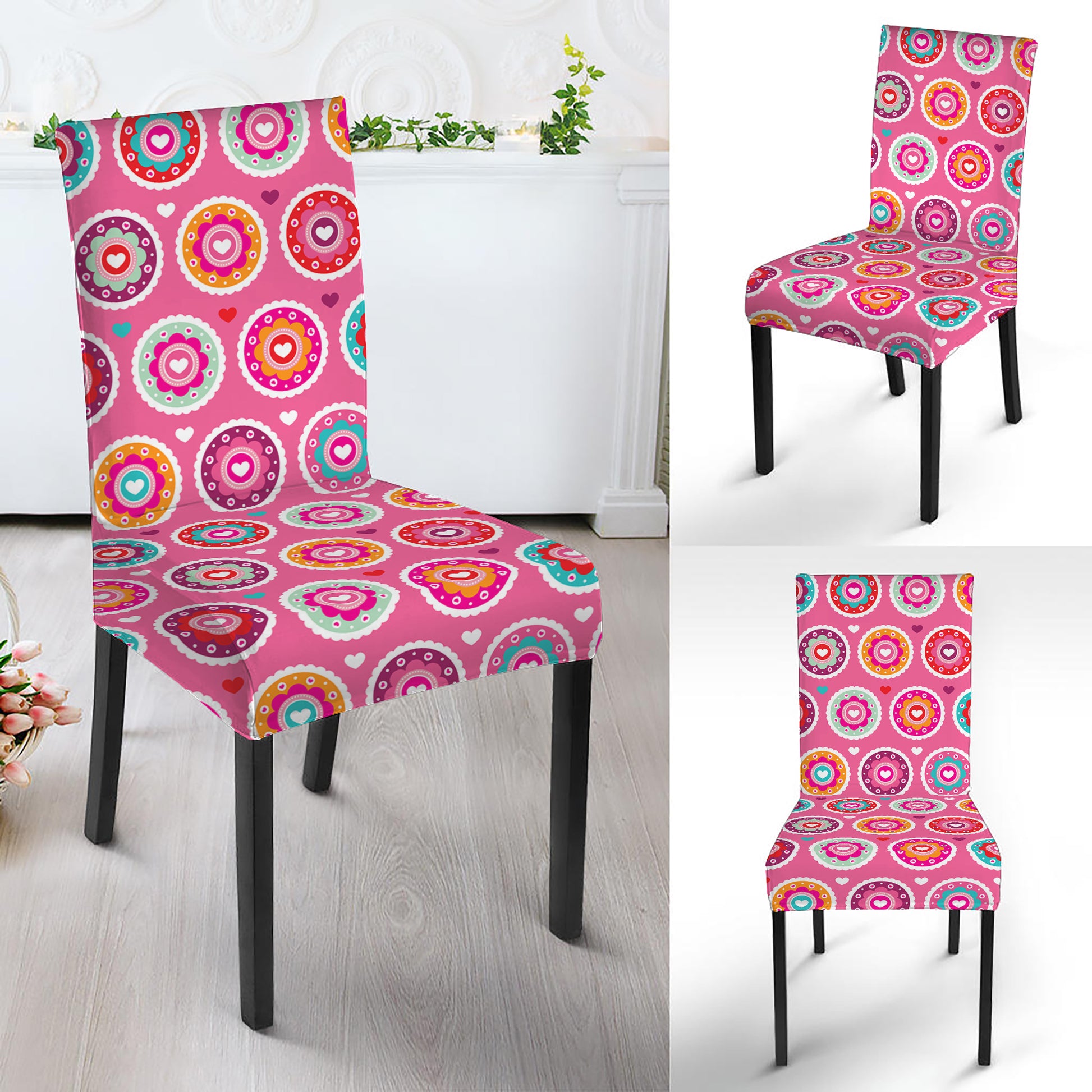Pink Girly Flower Pattern Print Dining Chair Slipcover